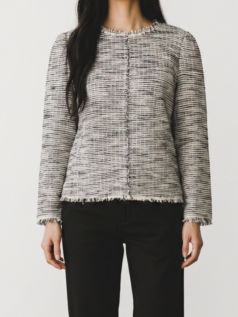 Rebecca Taylor Black & White Tweed Frayed-Trim Crewneck Sweater